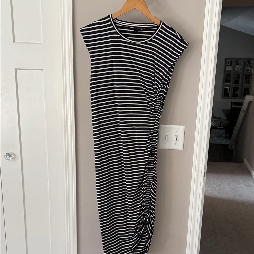 Veronica Beard Jeans Navy and White Striped Rouched Dress